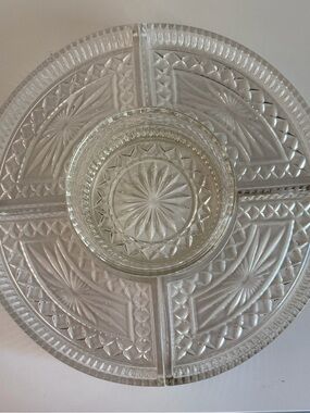 Pressed Glass Sectioned Serving Platter with Center Dip Bowl - Clear